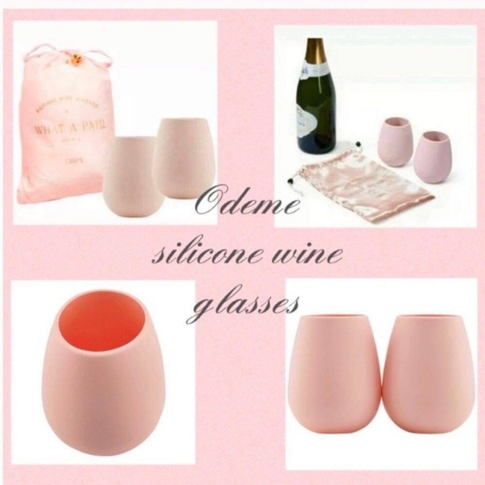 NEW Odeme What A Pair Set Of Two Pink Silicone Wine Glasses